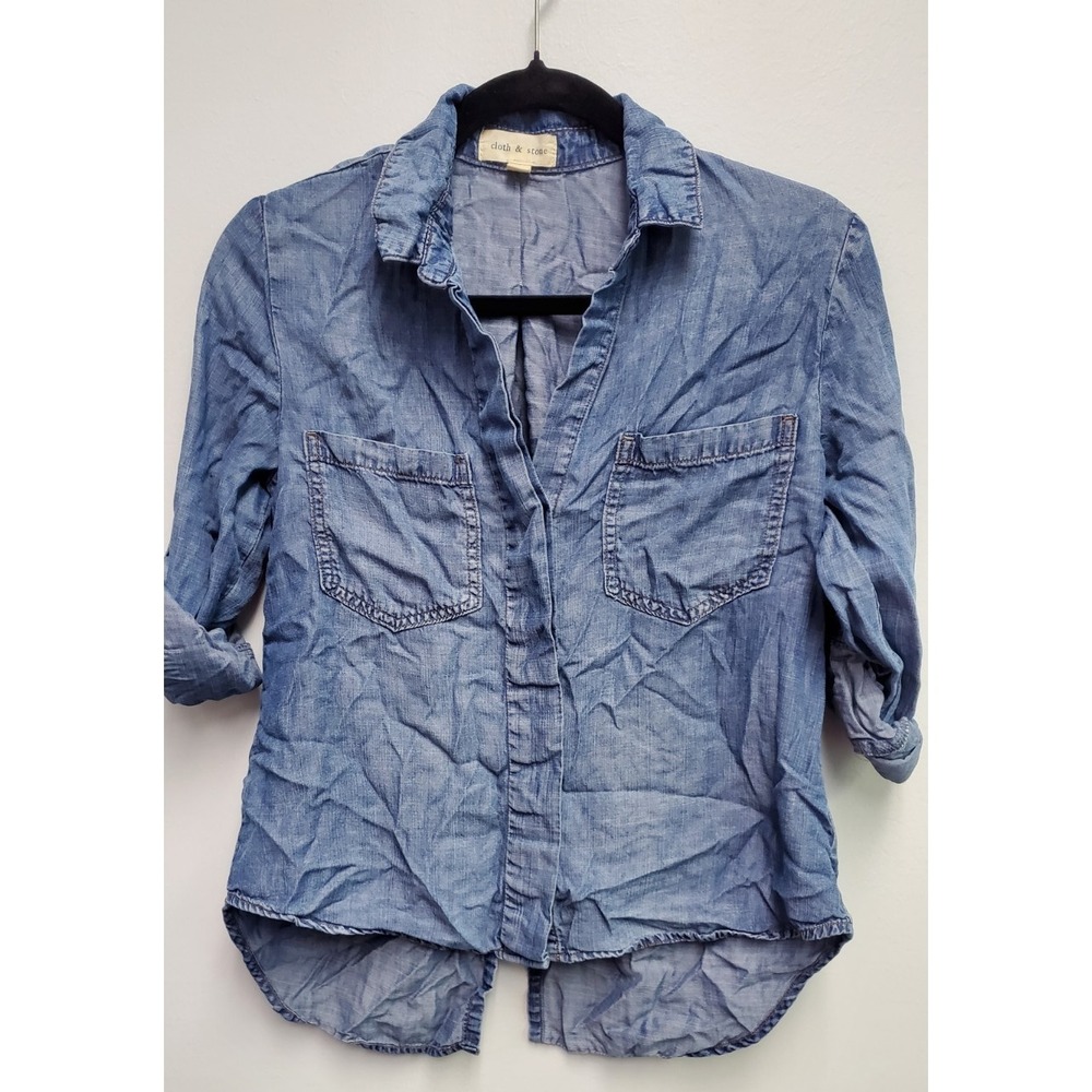 cloth & stone Anthropologie Chambray Shirt Women XS Blue Split-Back Tencel